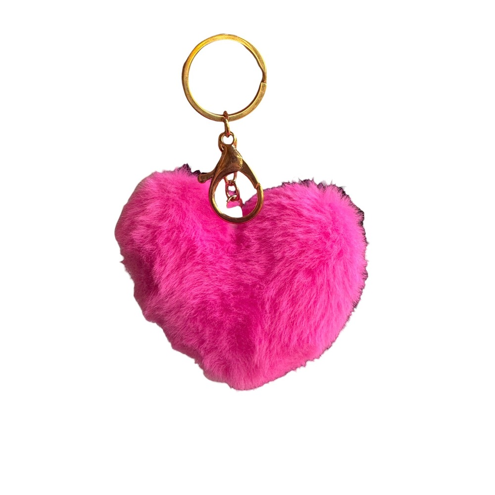 🌴 Hot Pink Faux Fur Heart Keychain Gold Tone Lobster Clasp Bag Charm Accessory